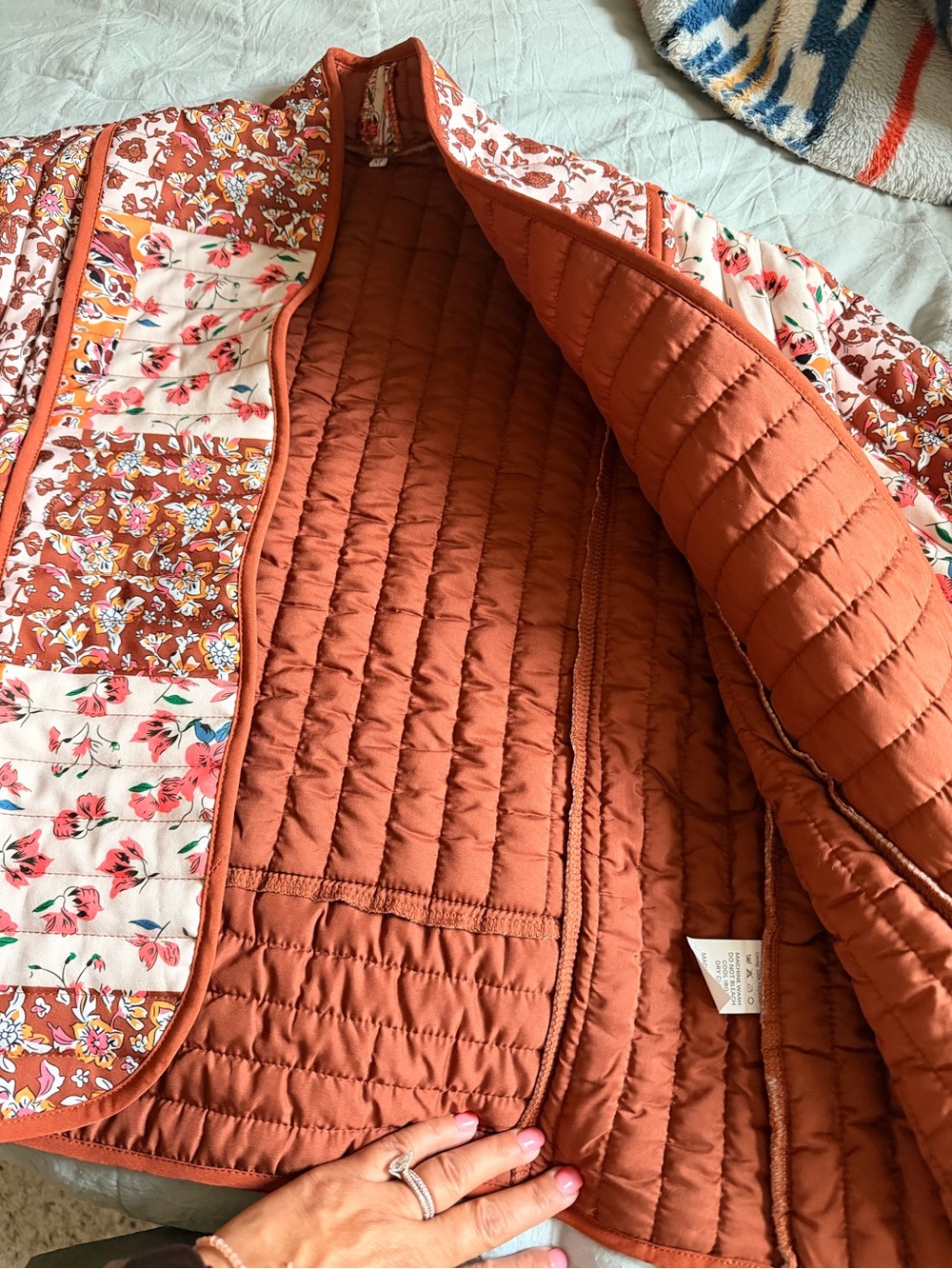 Quilted Floral Bomber Jacket in Rust & Cream - Picture 3 of 6